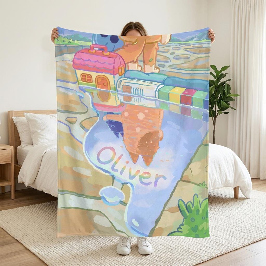 Personalized Flannel Blanket Custom Name Cartoon Dog Throw Kids Bedding Toddler Boy Girl Nursery Decor Birthday Gift Baby Shower Present
