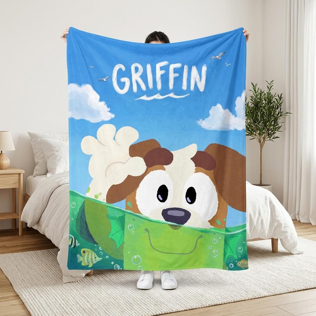 Personalized Cartoon Dog Blanket, Custom Name Flannel Throw for Kids Toddlers, Boys Birthday Gift, Nursery Decor Cute Puppy Bedding