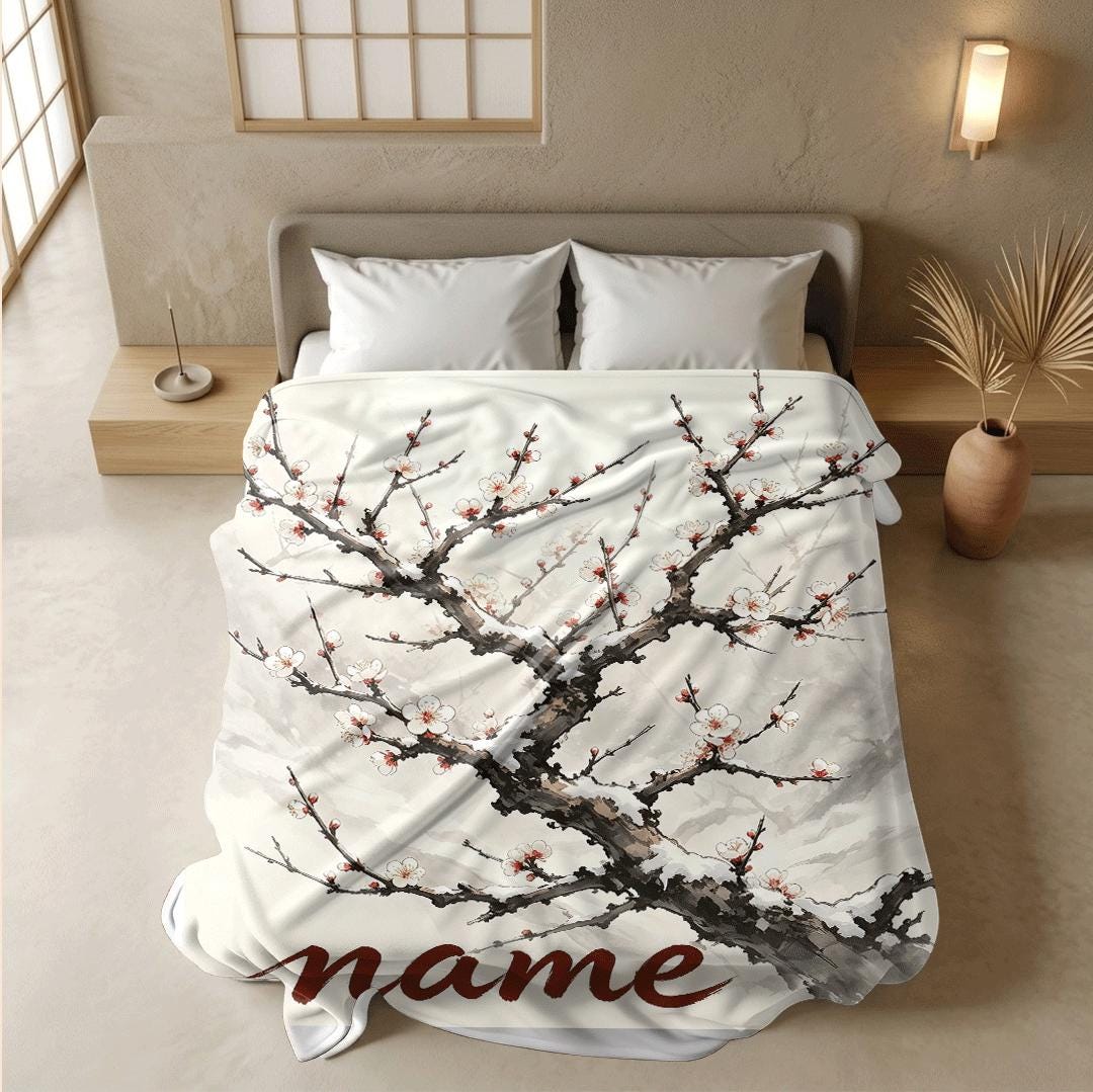 Snow plum blossom print artistic‑style hotel blanket pet blanket portable blanket Customized name holiday gift office blankets