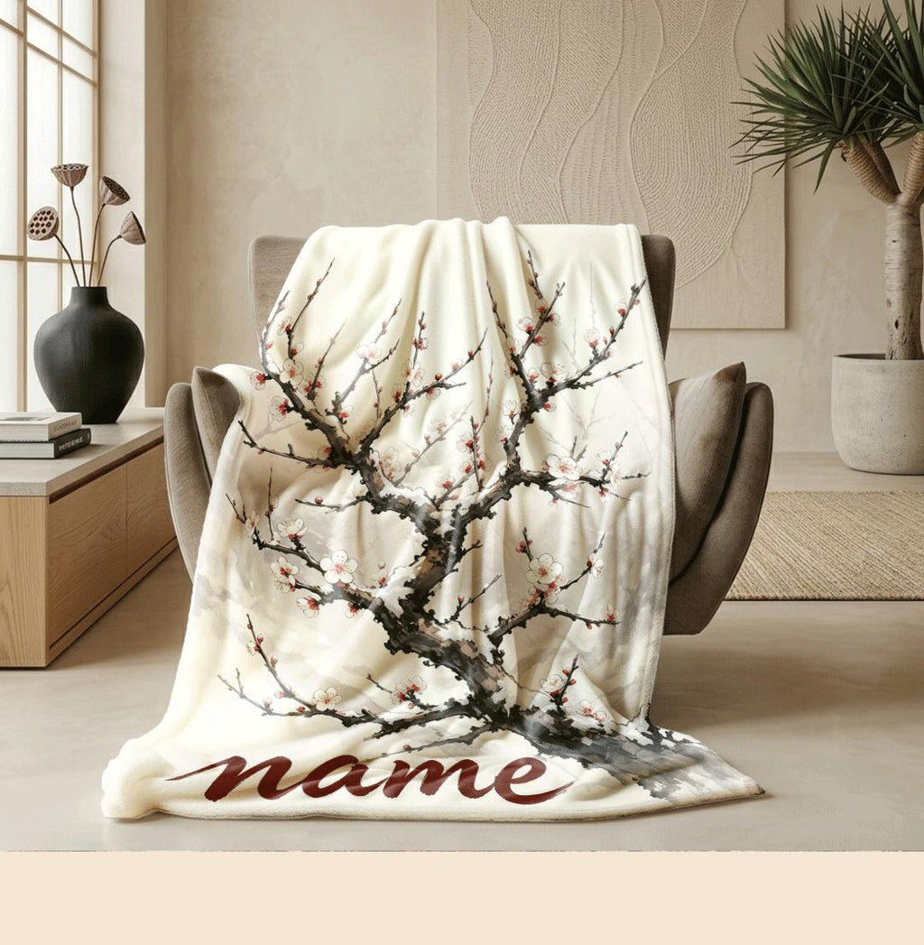 Snow plum blossom print artistic‑style hotel blanket pet blanket portable blanket Customized name holiday gift office blankets