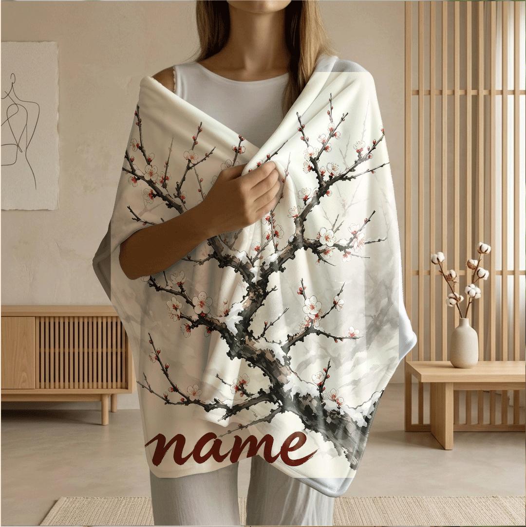 Snow plum blossom print artistic‑style hotel blanket pet blanket portable blanket Customized name holiday gift office blankets