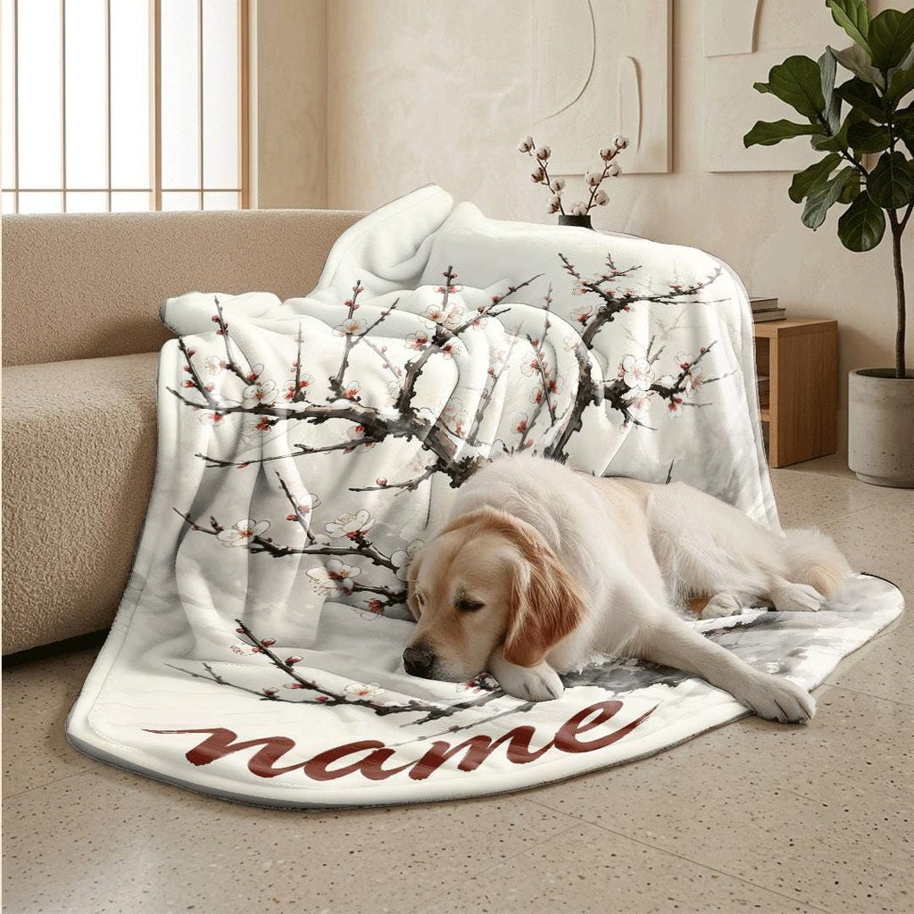 Snow plum blossom print artistic‑style hotel blanket pet blanket portable blanket Customized name holiday gift office blankets