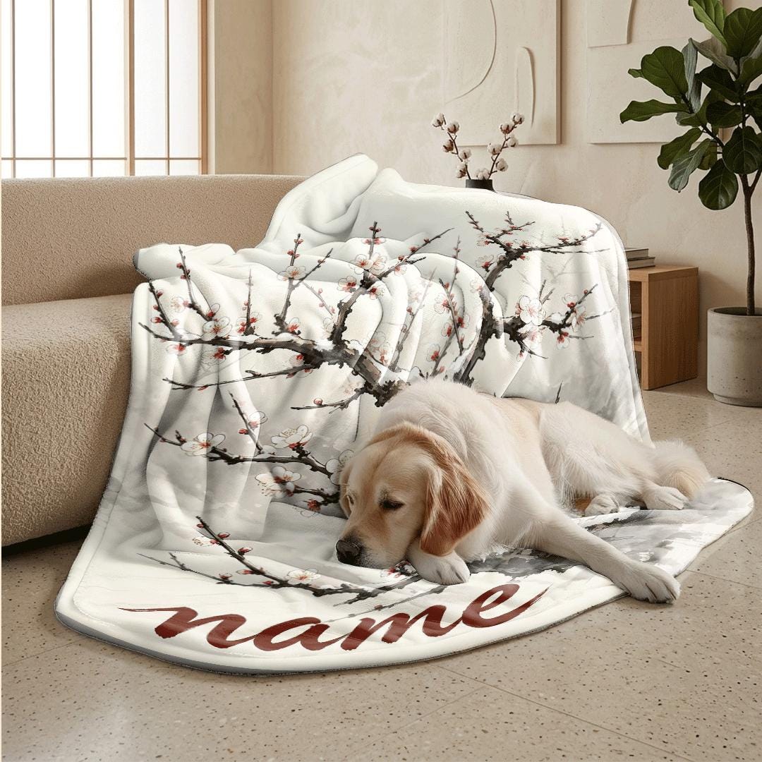 Snow plum blossom print artistic‑style hotel blanket pet blanket portable blanket Customized name holiday gift office blankets