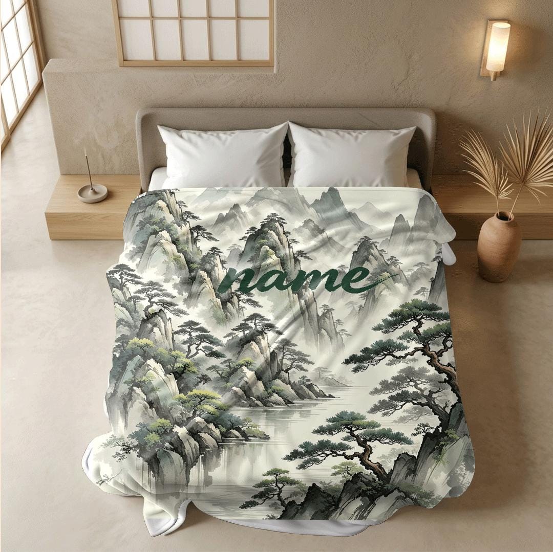 Chinese mountain print Customized name travel‑portable blanket sofa blanket single blanket retro charm gift‑ready winter warm blankets
