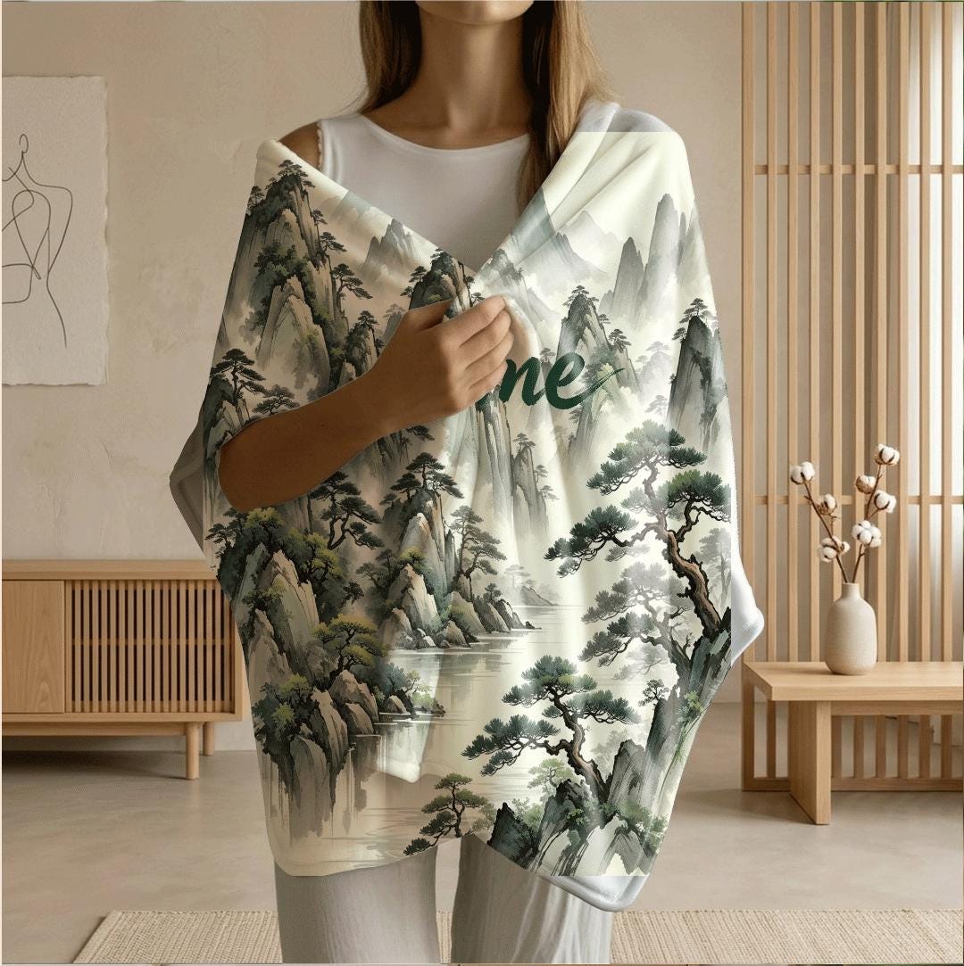 Chinese mountain print Customized name travel‑portable blanket sofa blanket single blanket retro charm gift‑ready winter warm blankets