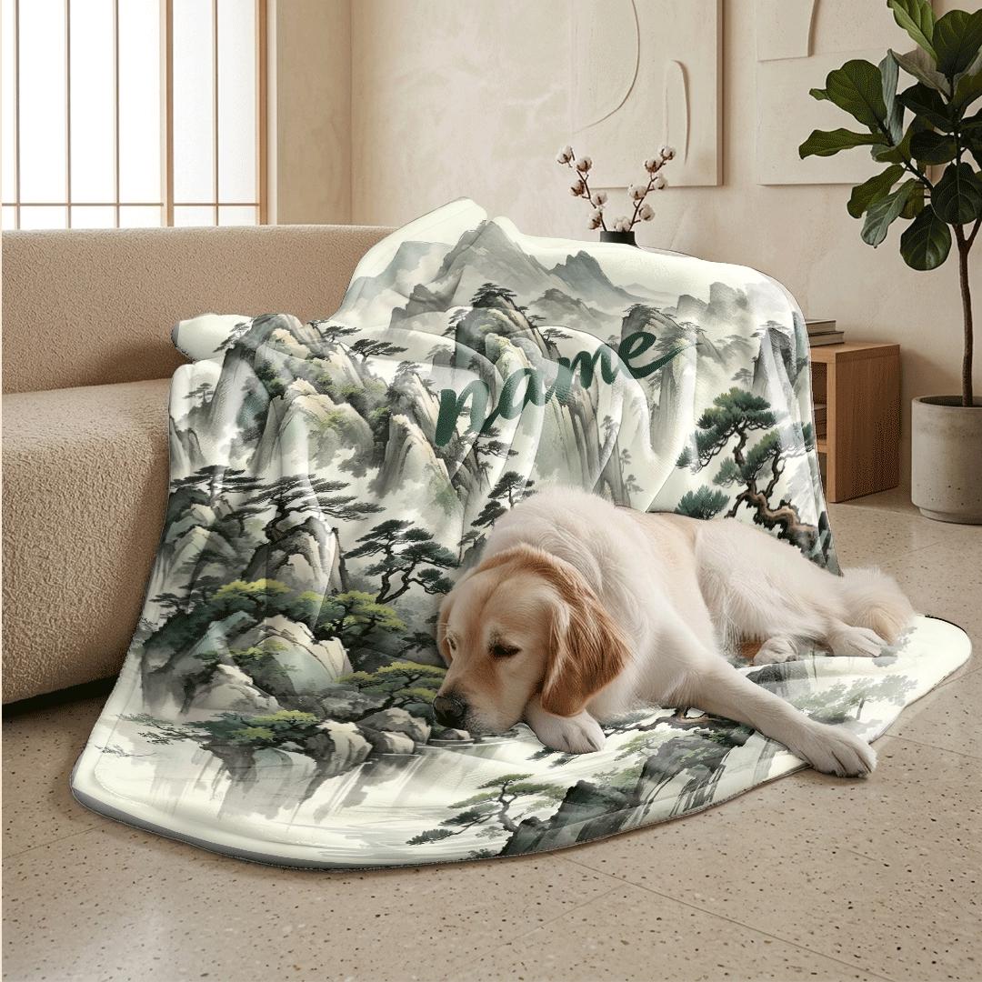 Chinese mountain print Customized name travel‑portable blanket sofa blanket single blanket retro charm gift‑ready winter warm blankets