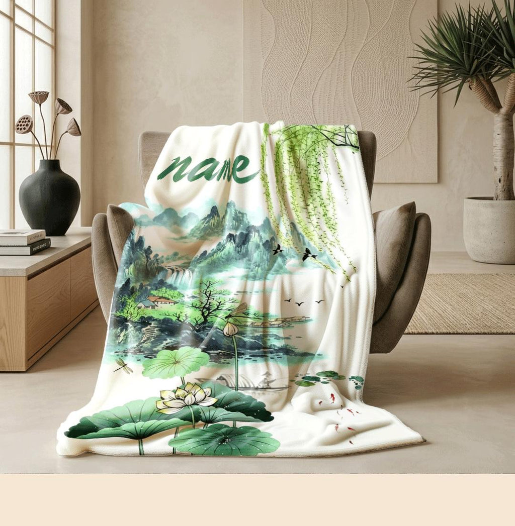 Lotus landscape print pastoral‑style dormitory blanket pet blanket hotel blanket Customized name souvenir gift Nap blankets