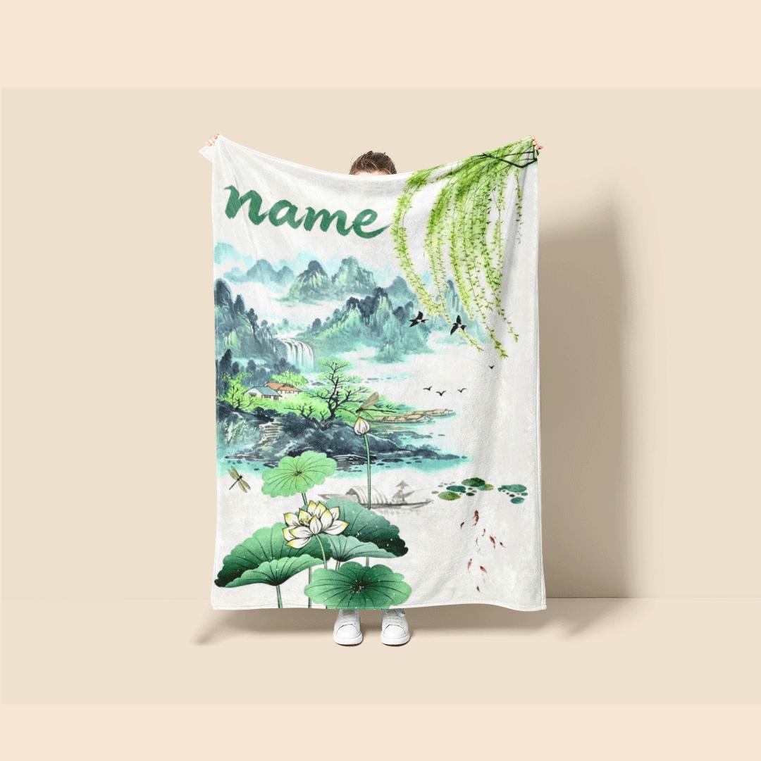 Lotus landscape print pastoral‑style dormitory blanket pet blanket hotel blanket Customized name souvenir gift Nap blankets