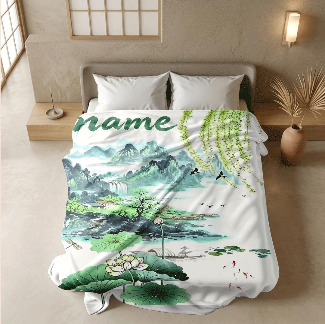 Lotus landscape print pastoral‑style dormitory blanket pet blanket hotel blanket Customized name souvenir gift Nap blankets