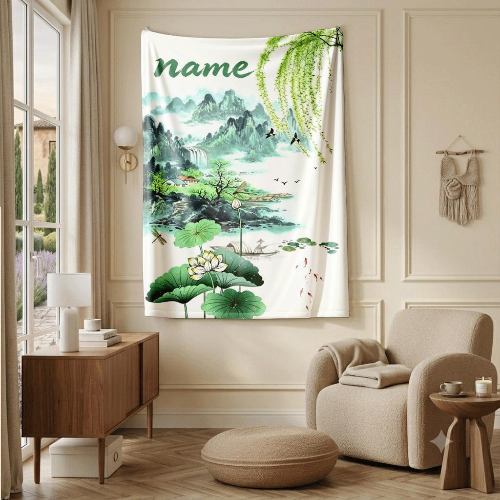 Lotus landscape print pastoral‑style dormitory blanket pet blanket hotel blanket Customized name souvenir gift Nap blankets