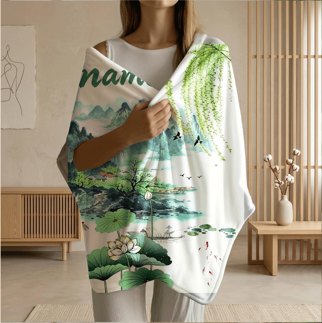 Lotus landscape print pastoral‑style dormitory blanket pet blanket hotel blanket Customized name souvenir gift Nap blankets