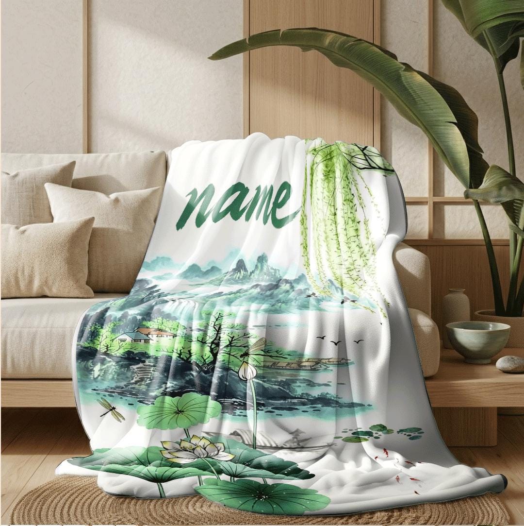 Lotus landscape print pastoral‑style dormitory blanket pet blanket hotel blanket Customized name souvenir gift Nap blankets