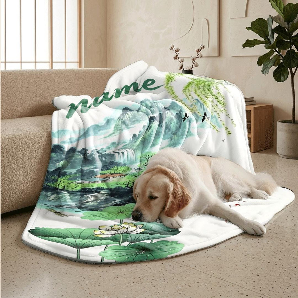 Lotus landscape print pastoral‑style dormitory blanket pet blanket hotel blanket Customized name souvenir gift Nap blankets