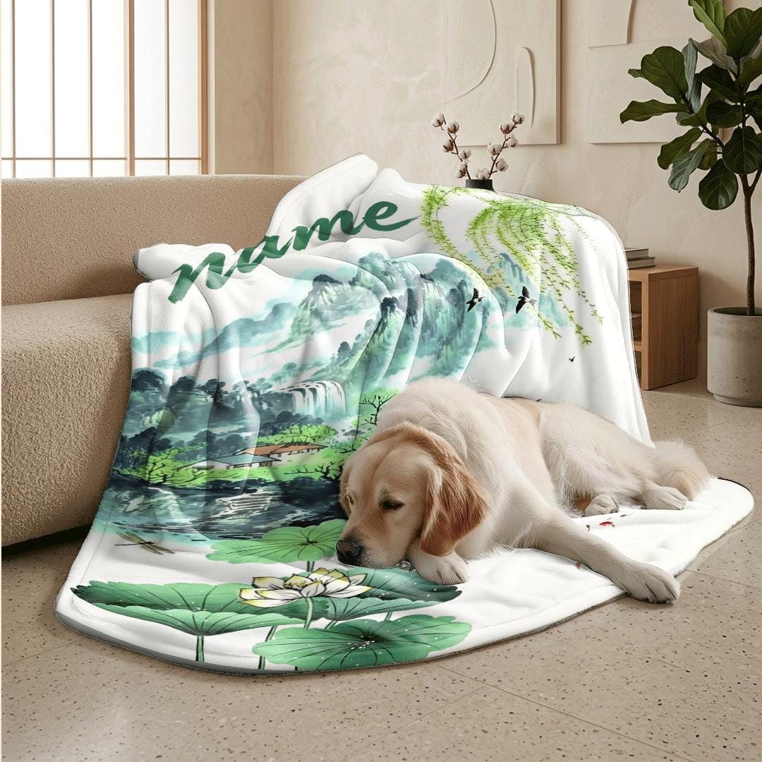 Lotus landscape print pastoral‑style dormitory blanket pet blanket hotel blanket Customized name souvenir gift Nap blankets