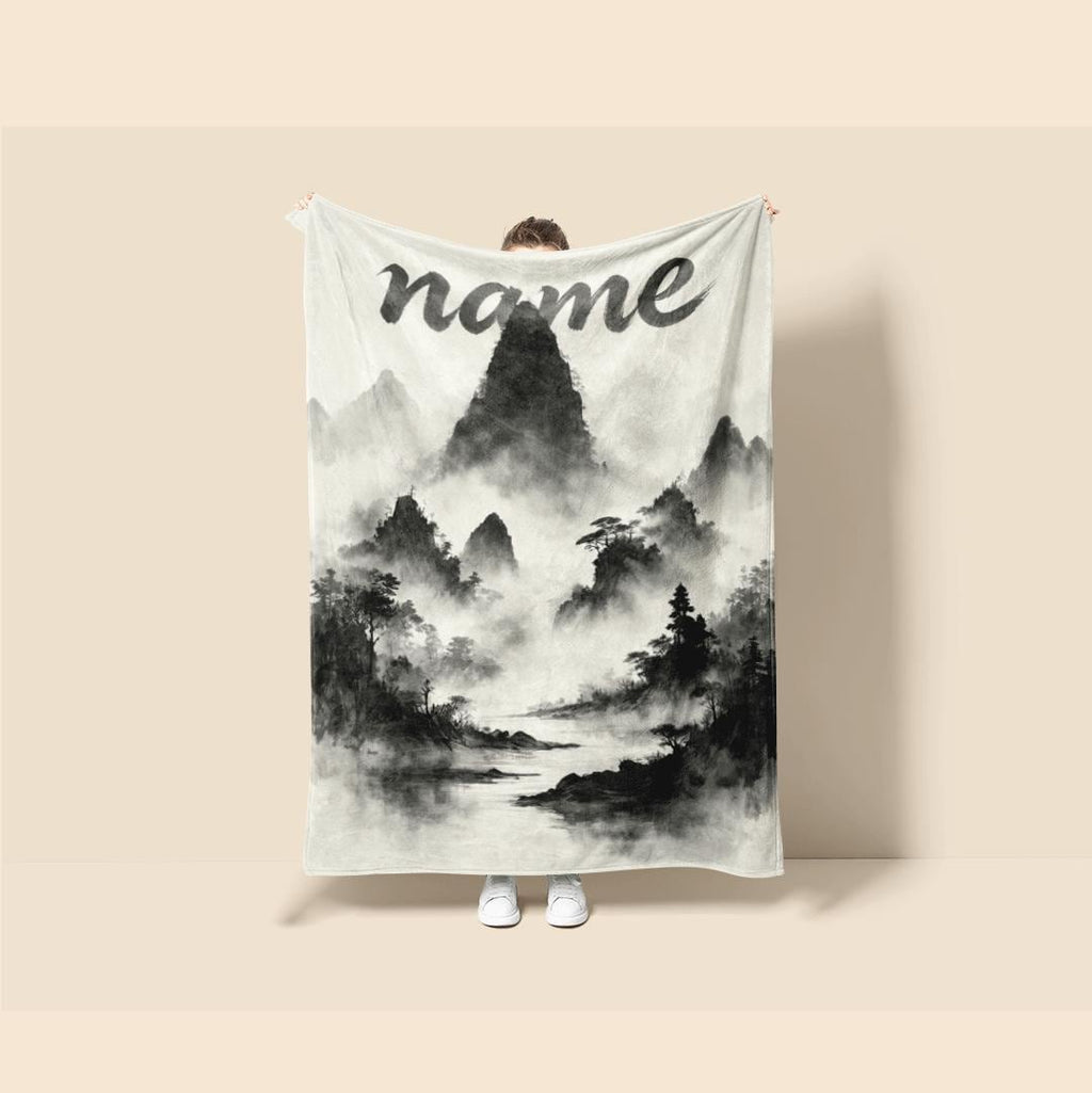 Ink wash mountain print vintage‑style hotel blanket pet blanket portable blanket Customized name souvenir gift office blankets