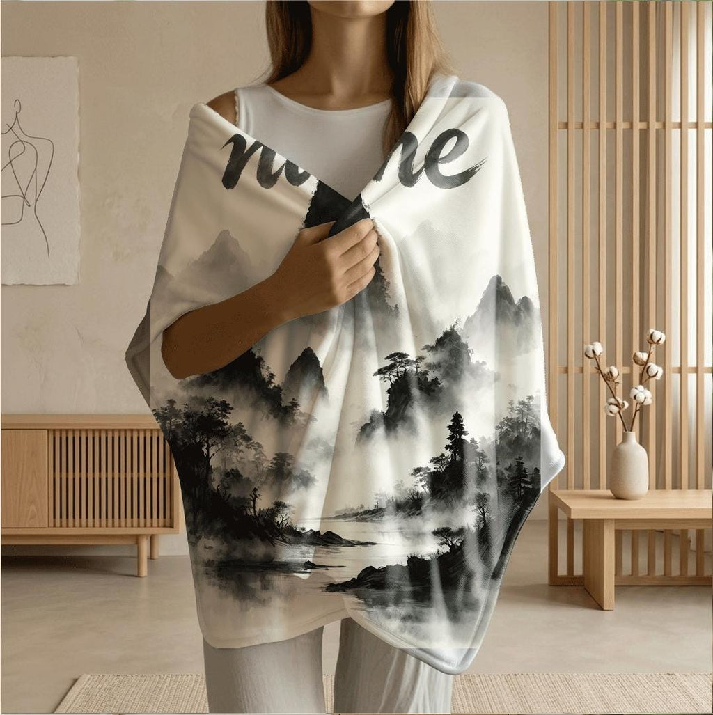 Ink wash mountain print vintage‑style hotel blanket pet blanket portable blanket Customized name souvenir gift office blankets