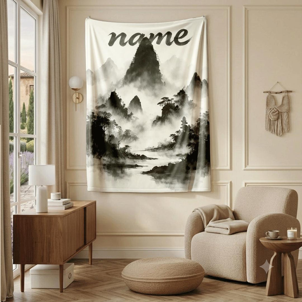 Ink wash mountain print vintage‑style hotel blanket pet blanket portable blanket Customized name souvenir gift office blankets