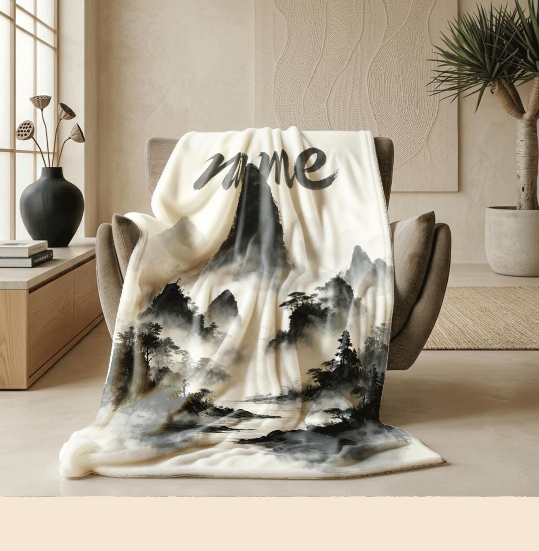Ink wash mountain print vintage‑style hotel blanket pet blanket portable blanket Customized name souvenir gift office blankets