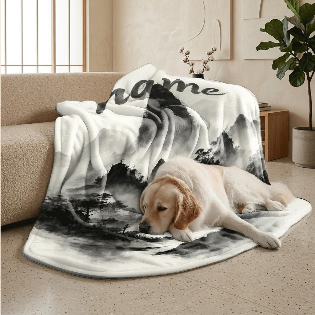Ink wash mountain print vintage‑style hotel blanket pet blanket portable blanket Customized name souvenir gift office blankets