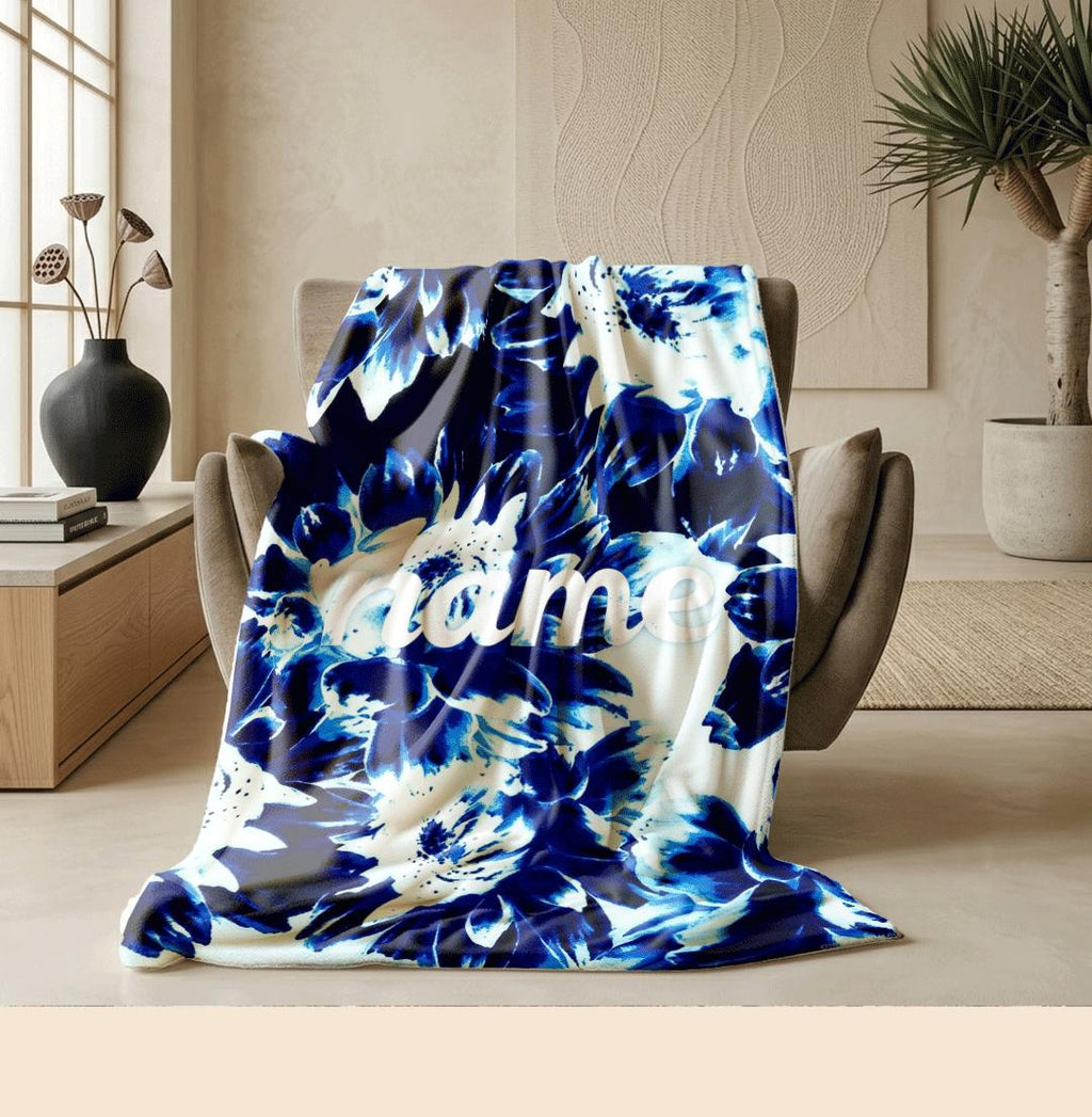 Blue floral print Customized name travel‑portable blanket sofa blanket single blanket chic charm gift‑ready winter warm blankets