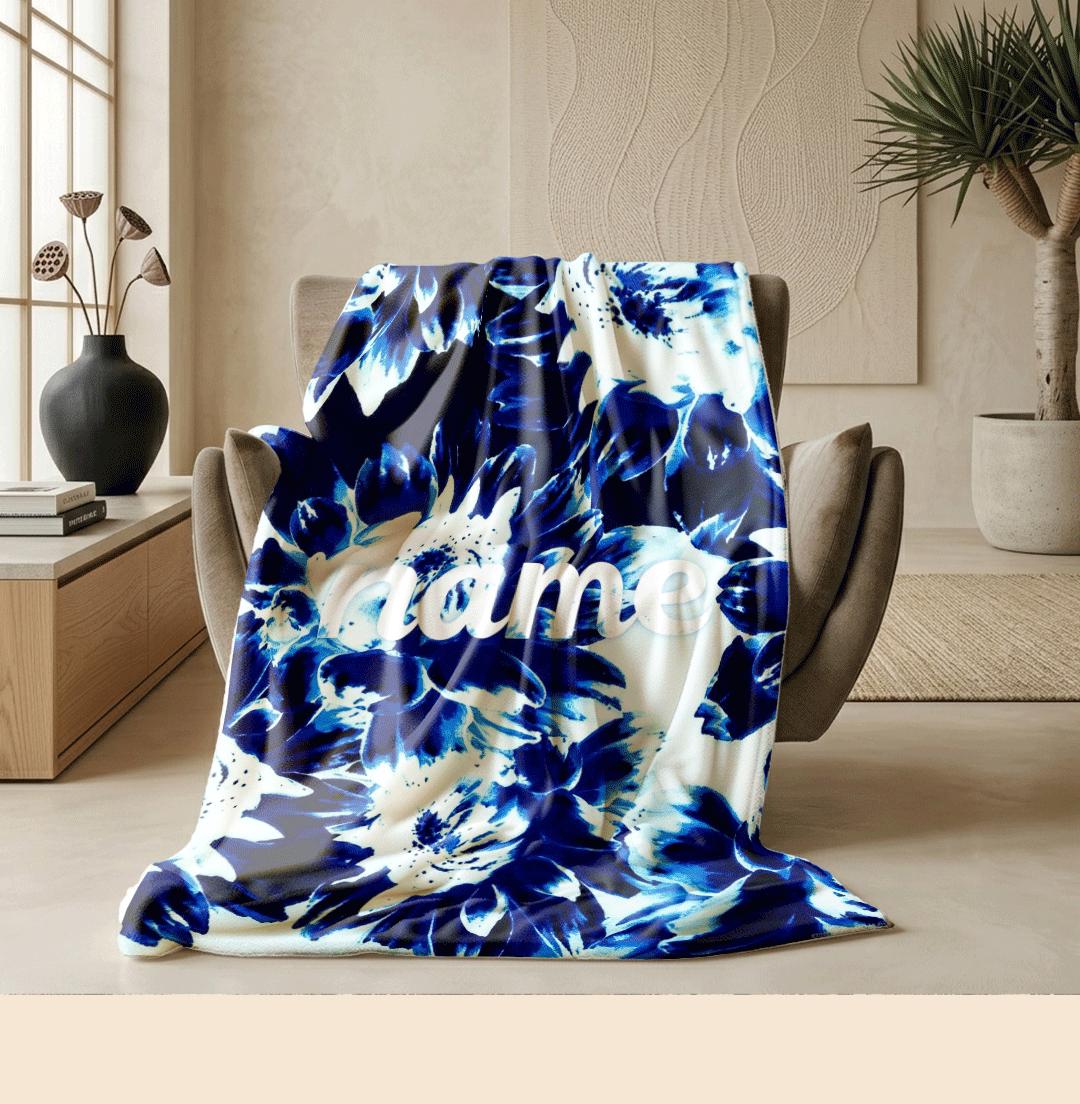 Blue floral print Customized name travel‑portable blanket sofa blanket single blanket chic charm gift‑ready winter warm blankets
