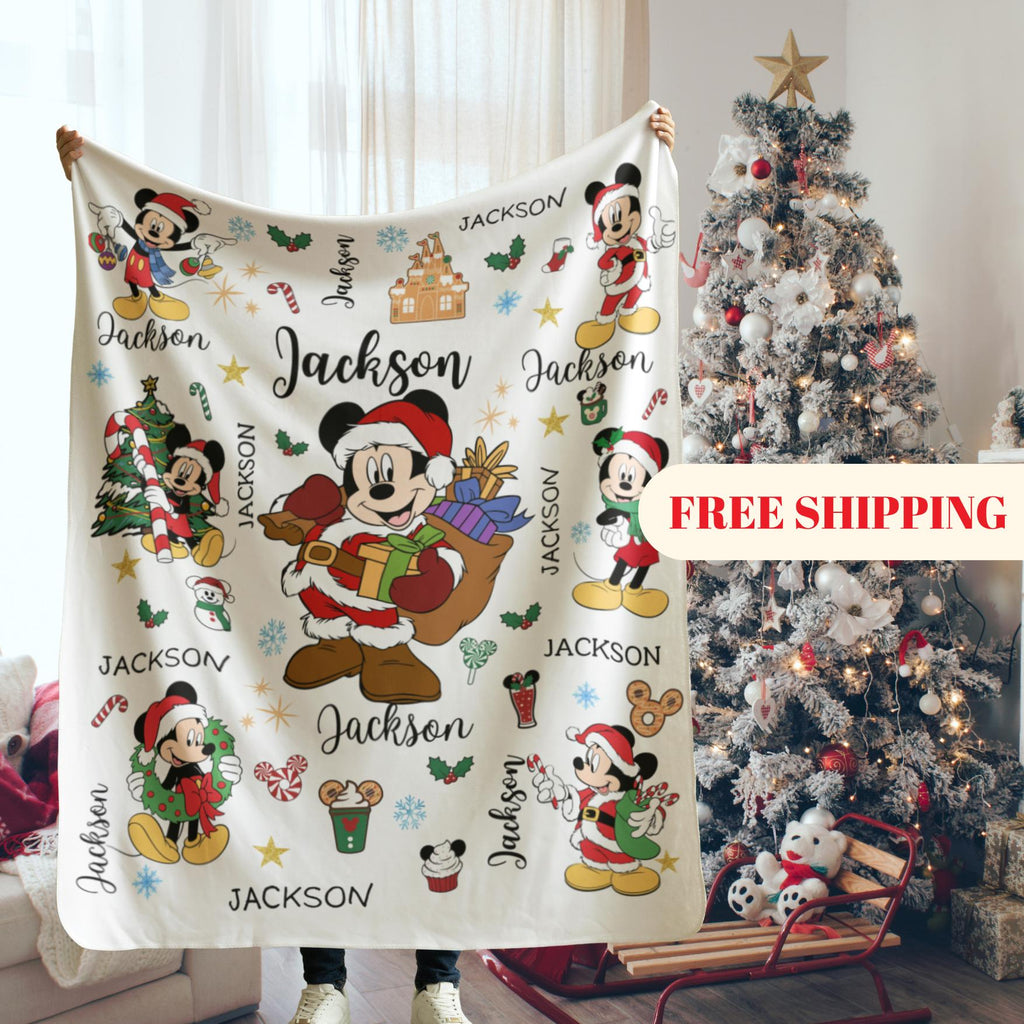 Mickey Mouse Christmas Blanket Family, Mickey Mouse Christmas Gift, Family Name Blanket for Xmas, Disney Home Decor, Disney Christmas Gift