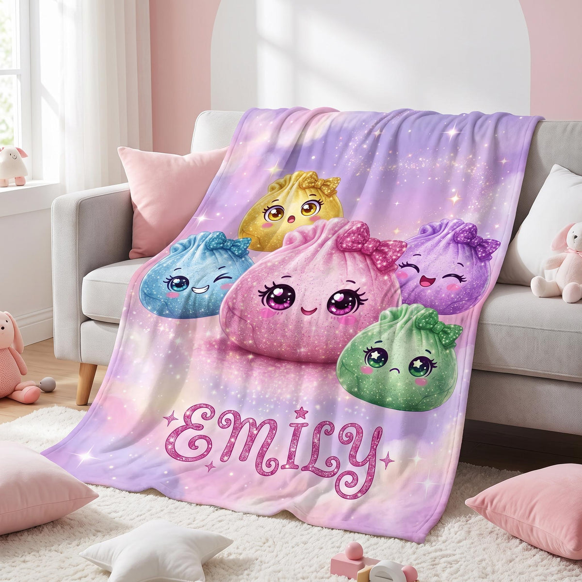 Personalized Kawaii Dumpling Blanket, CustomName Pastel Kids Throw, Cute Magical Girl NurseryDecor, Baby Shower Gift for Girls