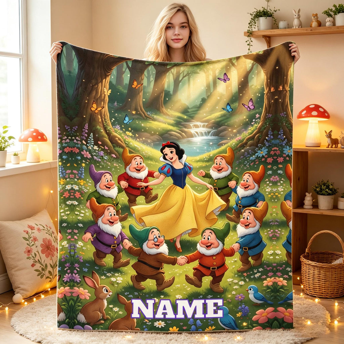 Personalized Fairytale Princess Flannel Blanket, Custom Name Woodland Dwarf Throw, Soft Cozy Kids Bedroom Sofa Travel Gift