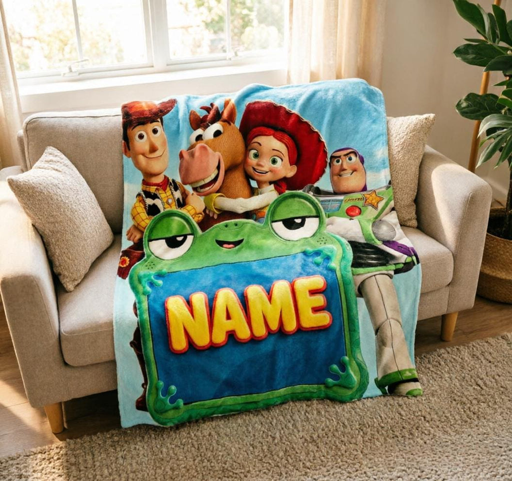 Custom Name Toy Story Blanket Soft Throw, Frog Frame Art, Gift For Cartoon Fans