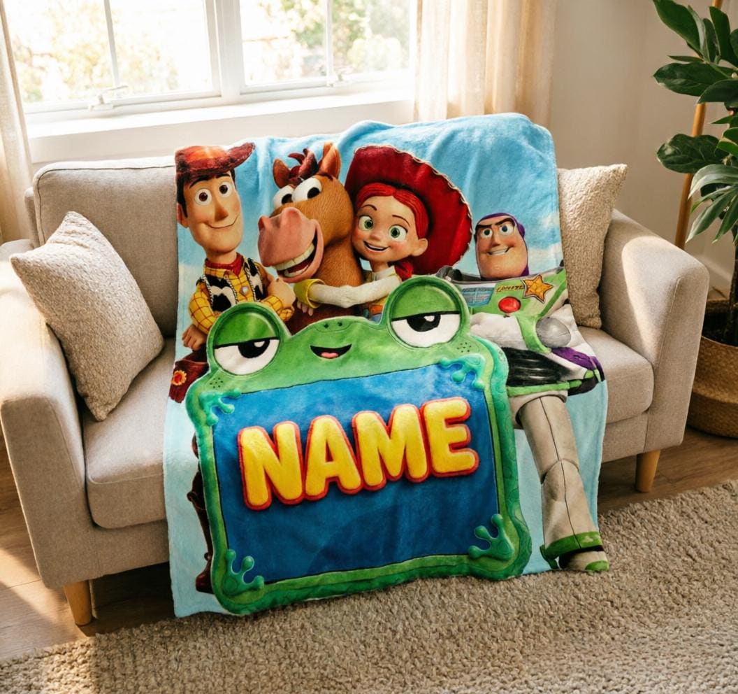 Custom Name Toy Story Blanket Soft Throw, Frog Frame Art, Gift For Cartoon Fans