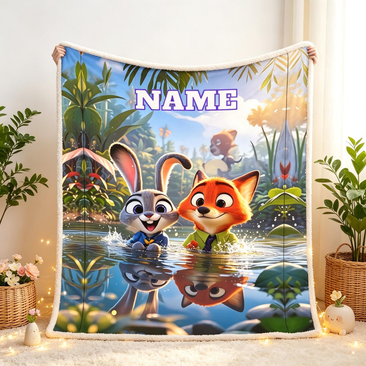 Personalized Animal Adventure Flannel Blanket, Custom Name Soft Throw, Bunny Fox Cozy Blanket, Kids Bedroom Gift