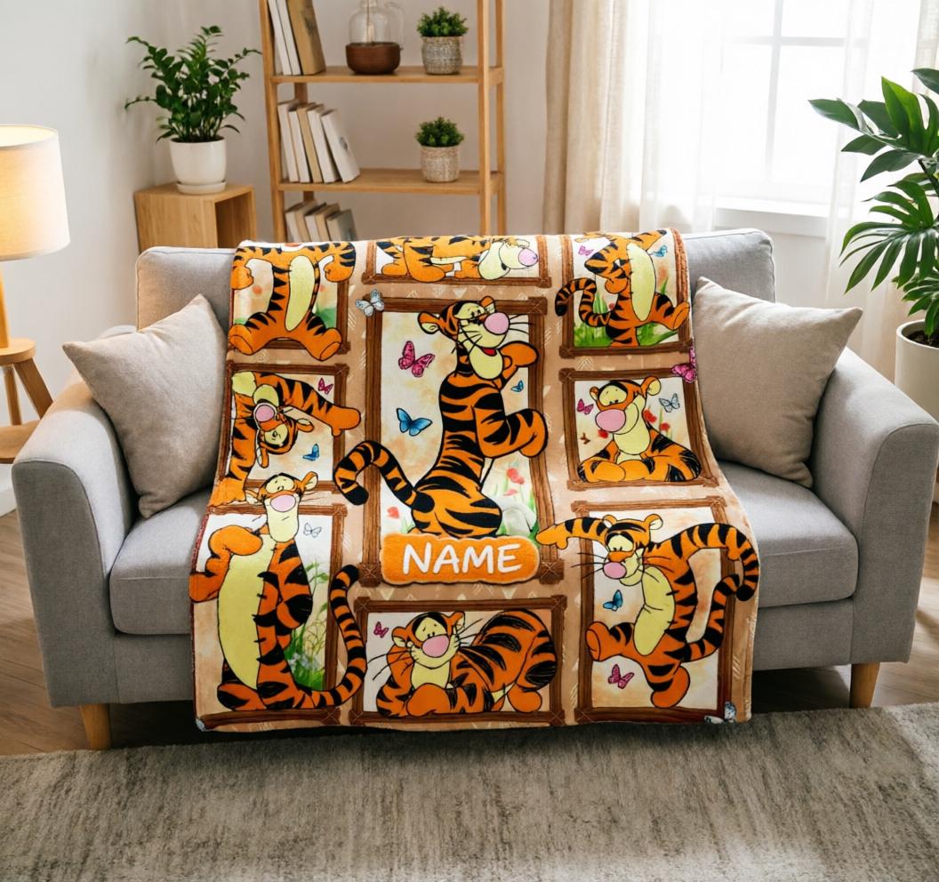 Custom Name Tigger Blanket Soft Throw, Multi‑Frame Collage, Gift For Energetic Kids