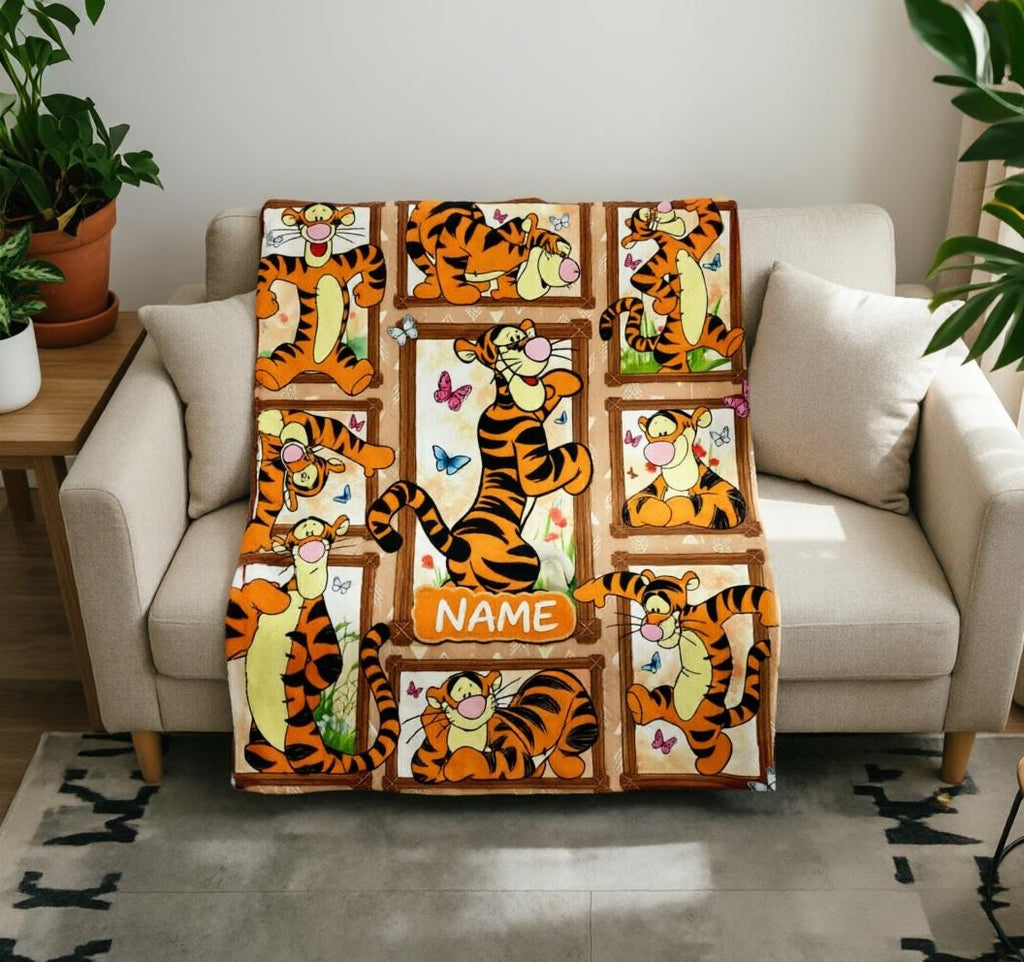 Custom Name Tigger Blanket Soft Throw, Multi‑Frame Collage, Gift For Energetic Kids