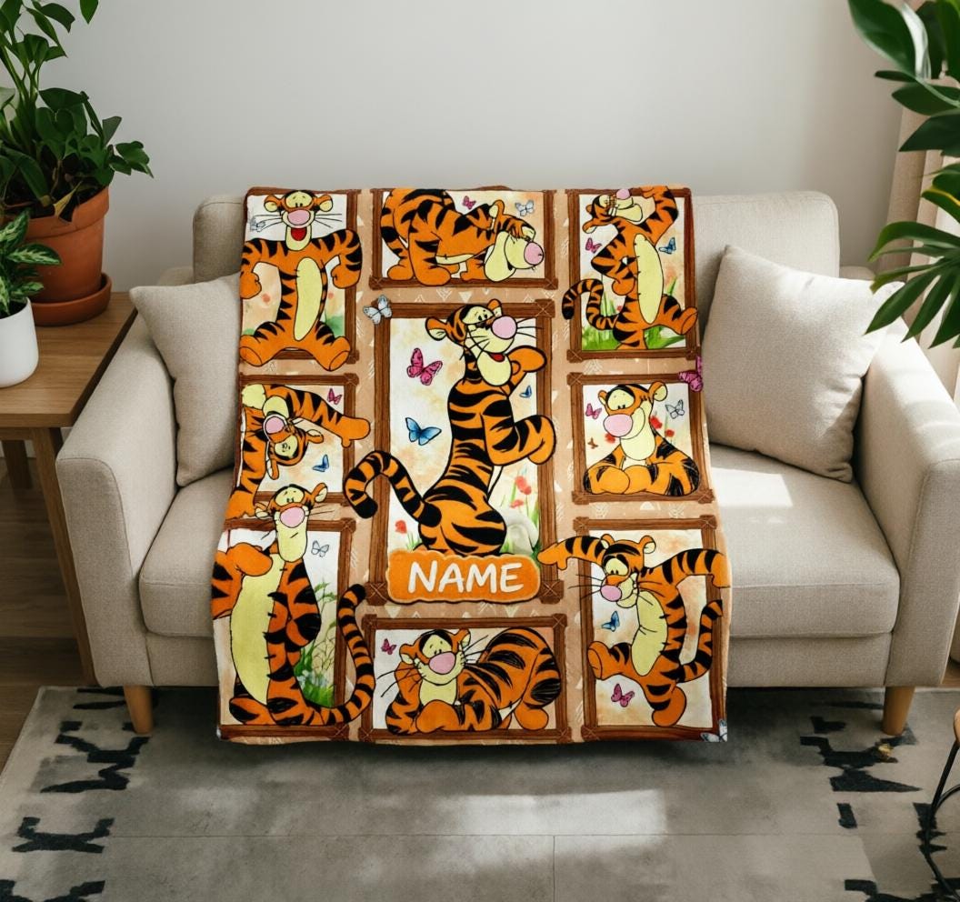 Custom Name Tigger Blanket Soft Throw, Multi‑Frame Collage, Gift For Energetic Kids