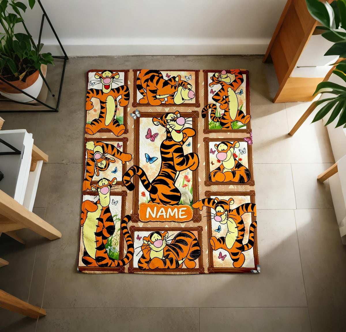 Custom Name Tigger Blanket Soft Throw, Multi‑Frame Collage, Gift For Energetic Kids