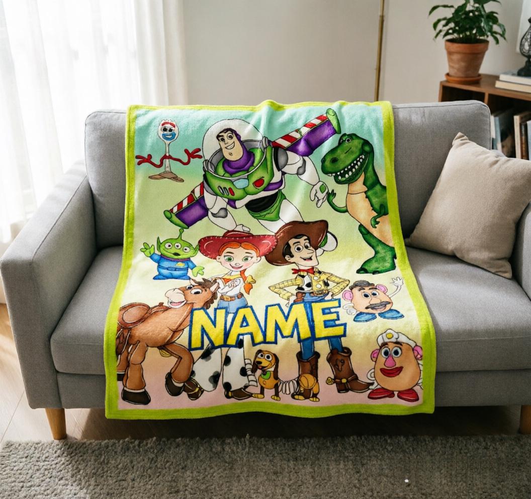 Custom Name Toy Story Character Flannel Throw Blanket, Pixar Kids Gift