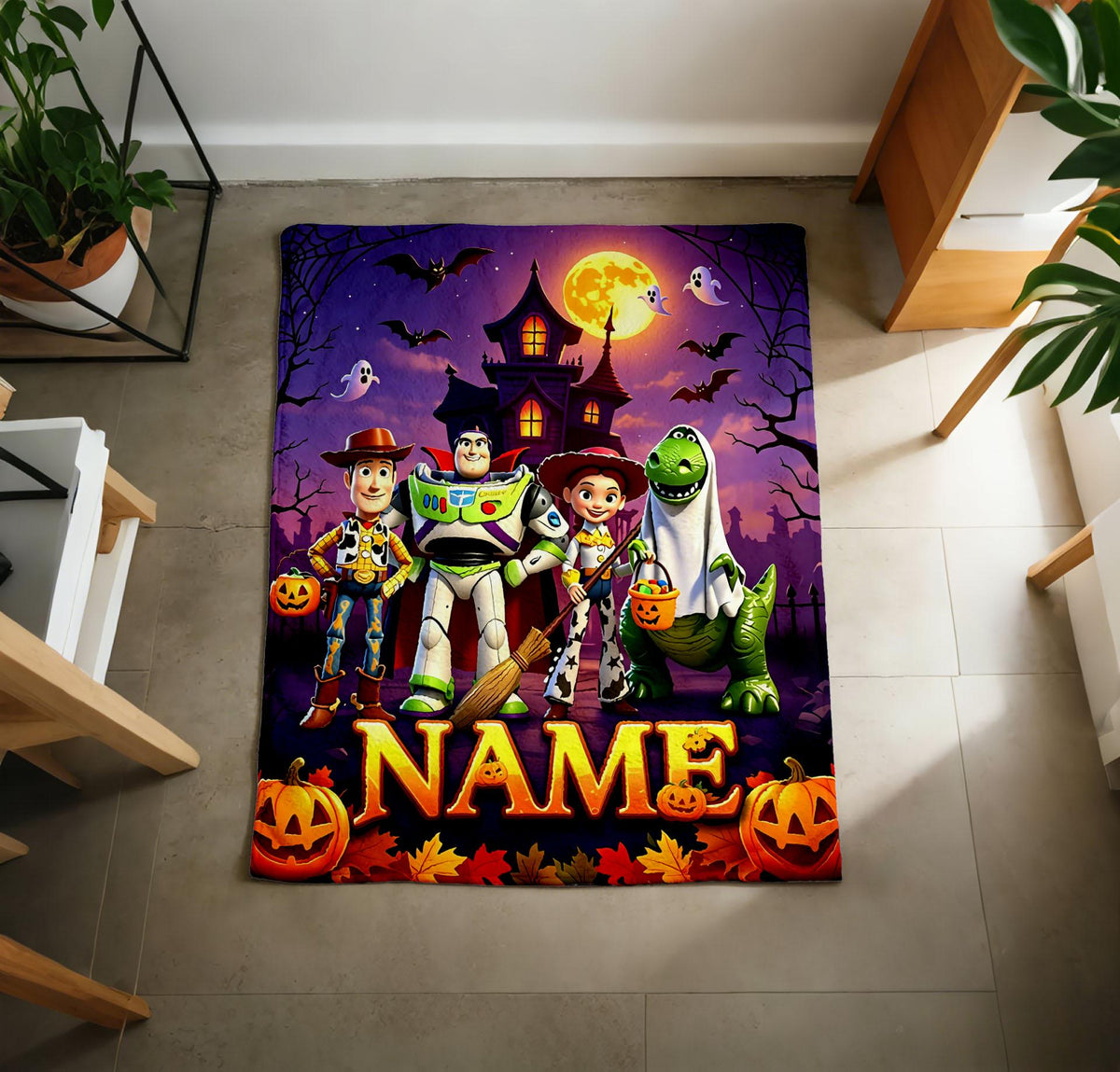 Custom Toy Story Halloween Blanket, Woody Buzz Jessie Rex, Soft Flannel Throw (Personalized Name)