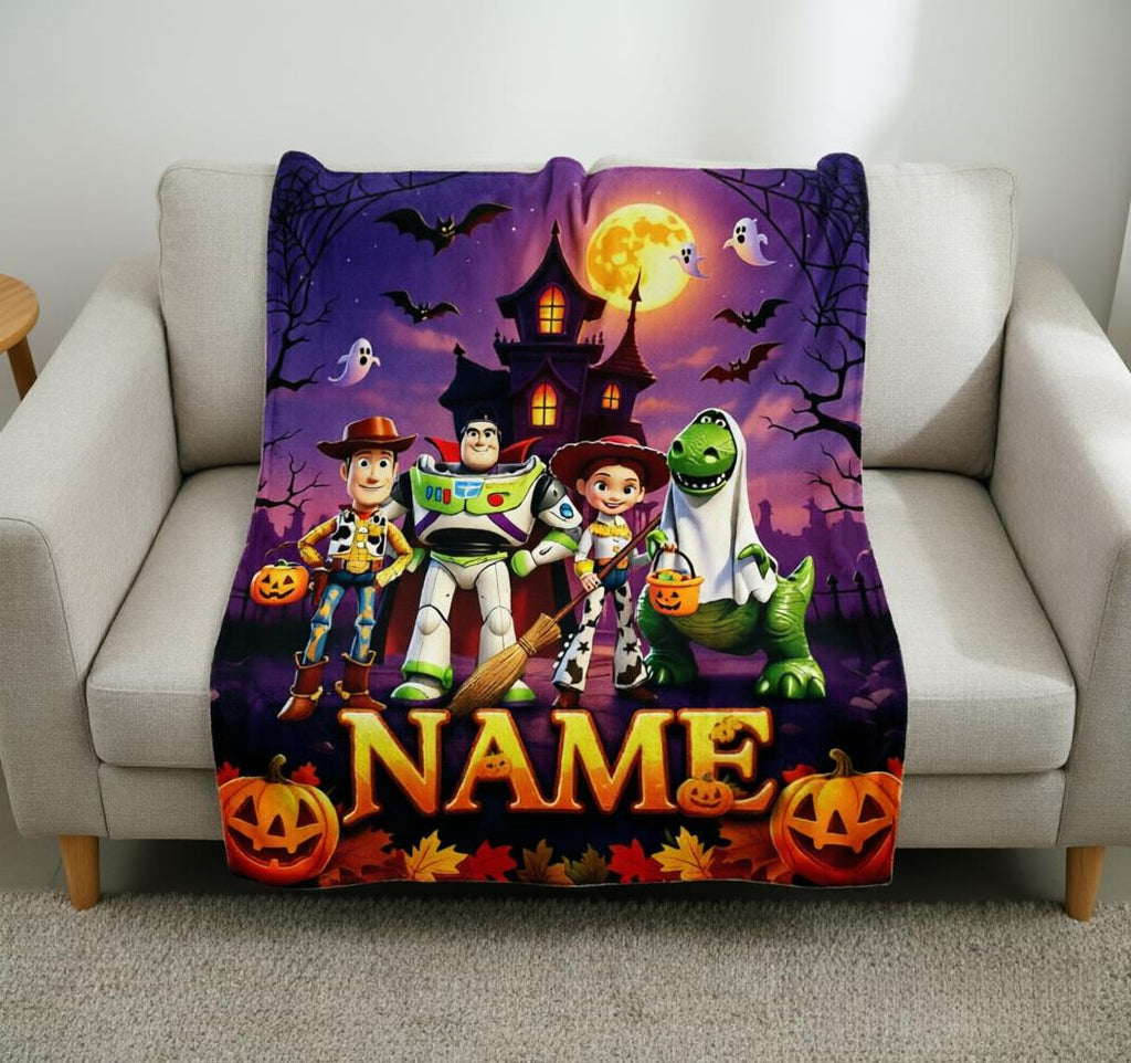 Custom Toy Story Halloween Blanket, Woody Buzz Jessie Rex, Soft Flannel Throw (Personalized Name)