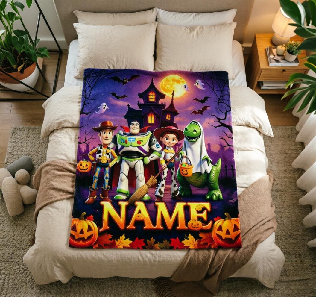 Custom Toy Story Halloween Blanket, Woody Buzz Jessie Rex, Soft Flannel Throw (Personalized Name)