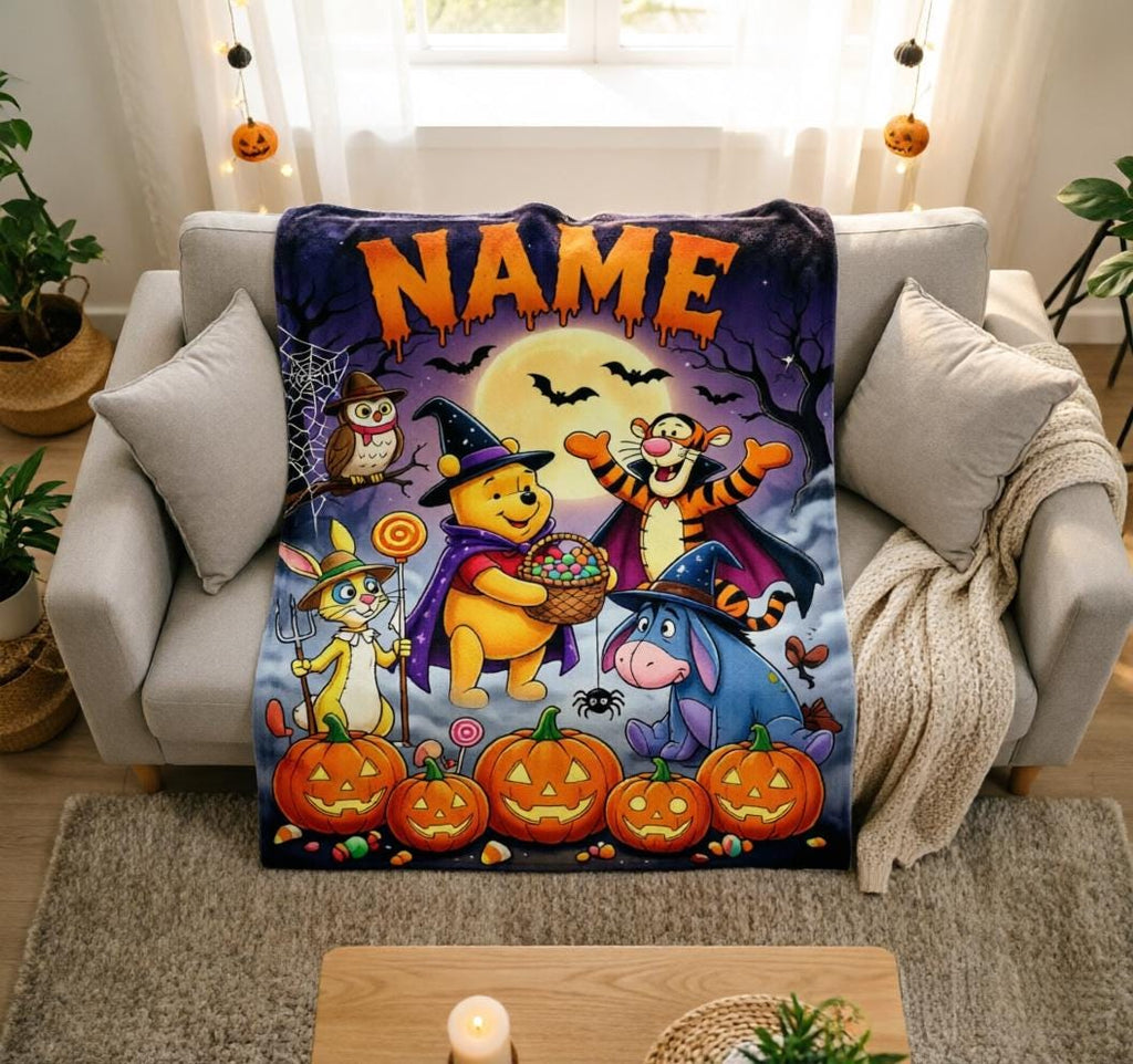 Custom Name Winnie Pooh Halloween Blanket Soft Throw, Spooky Cartoon Character Throw Blanket, Birthday Halloween Gift For Children