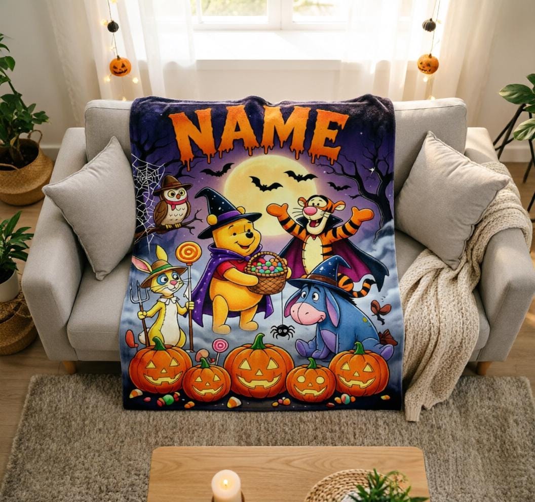 Custom Name Winnie Pooh Halloween Blanket Soft Throw, Spooky Cartoon Character Throw Blanket, Birthday Halloween Gift For Children