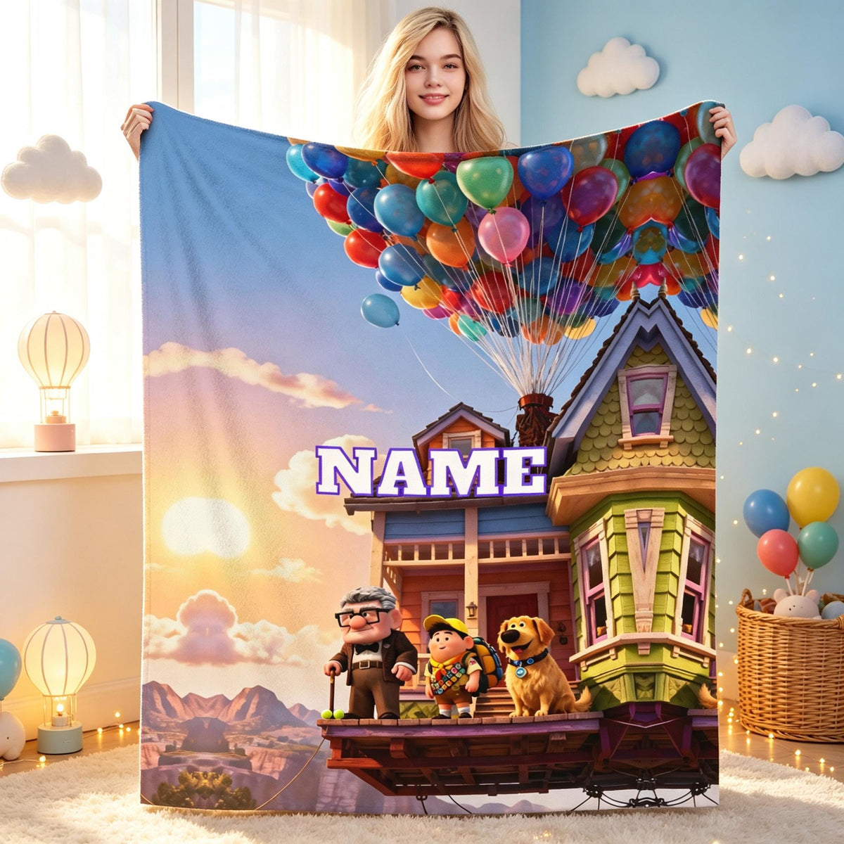 Up Personalized Name Flannel Blanket, Disney Pixar Up Inspired Custom Throw, Soft Cozy Blanket Gift for Kids Family