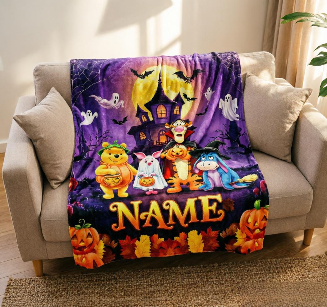 Custom Name Winnie the Pooh Halloween Throw Blanket, Soft Flannel, Spooky Characters (Personalized)
