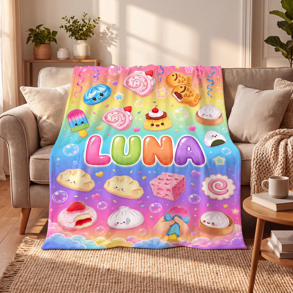 Personalized Kawaii Dumpling Blanket, Pastel Cloud Nursery Decor, Cute Steamed Bun Throw, Sweet Candy Toddler Girl Bedding Gift