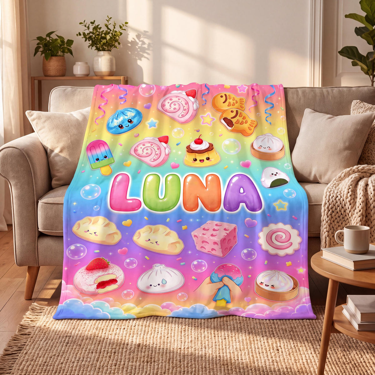 Personalized Kawaii Dumpling Blanket, Pastel Cloud Nursery Decor, Cute Steamed Bun Throw, Sweet Candy Toddler Girl Bedding Gift
