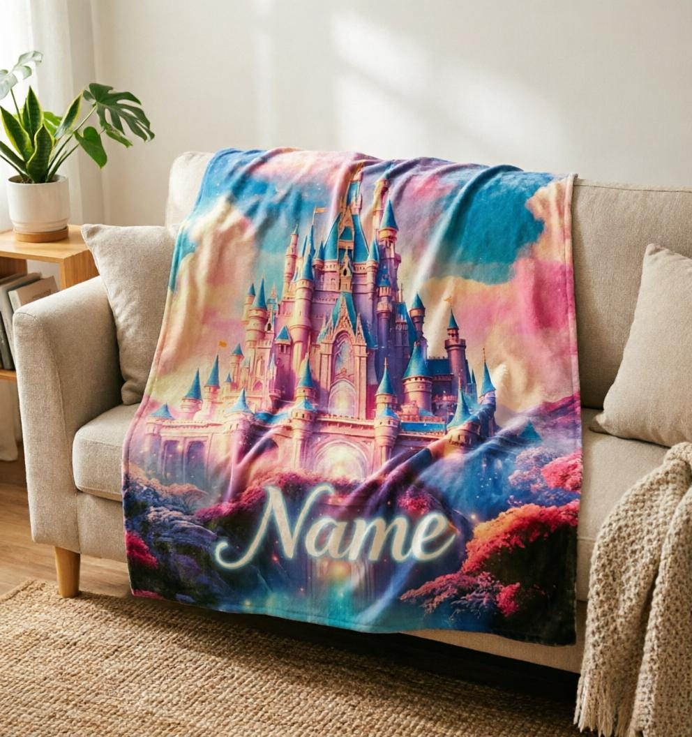 Personalized Magical Castle Fleece Blanket, Disneyland at Night Throw Blanket, Cartoon Fan Kid Blanket, Birthday Gift, Trip Souvenir
