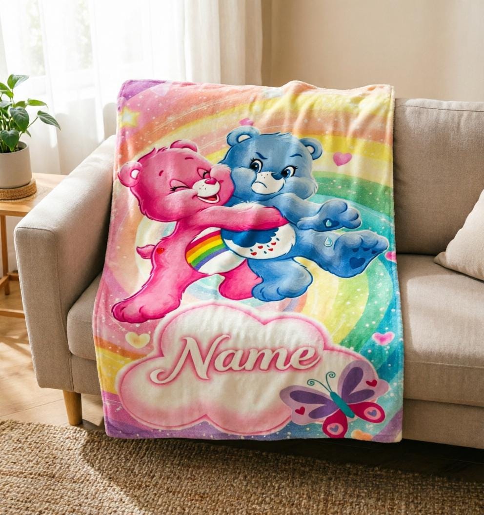 Care Bears Flannel Throw Blanket, Personalized Custom Name Cozy Blanket