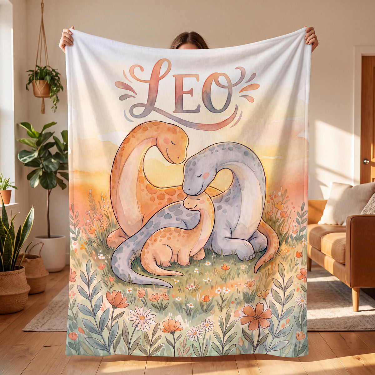 Personalized Dinosaur Blanket for Boys, Custom Name Baby Boy Nursery Throw, Watercolor Dino Toddler Bedding, Newborn Shower Gift
