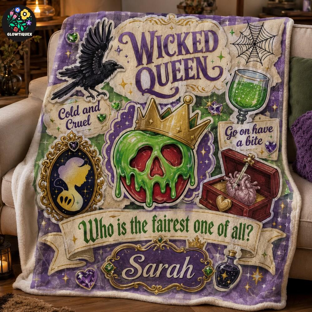 Custom Name Poison Apple Evil Queen Who Is The Fairest Of Them All Fleece Blanket, Snow White Villain Halloween Blanket, WDW Soft Sofa Throw