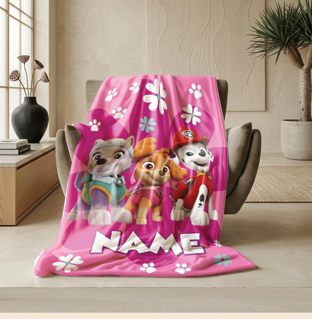 PAW Patrol Rescue Squad, Pink Floral Blanket, Hero Dog Throw, Cute Girls Bedding, Nursery Room Gift